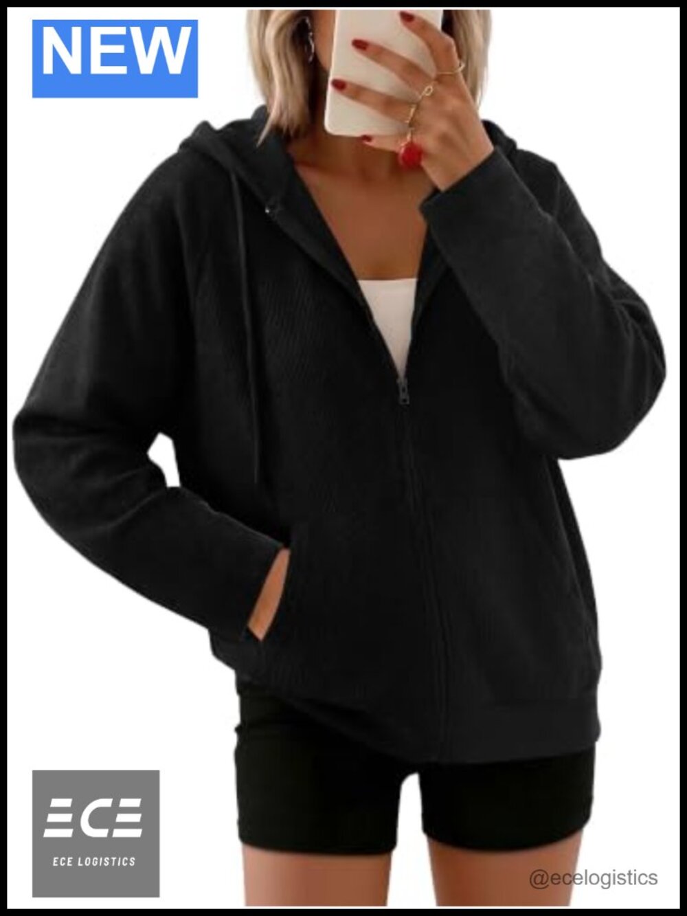 Waffle Knit Zip Up Hoodie Long Sleeve Sweatshirt Casual Top